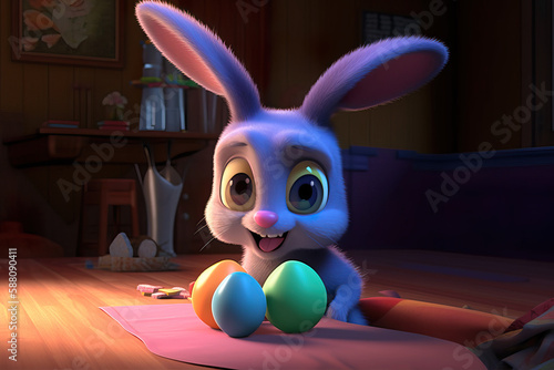 Cute purple computer animated bunny with easter eggs smiling and looking happy, ai generated (ID: 588090411)