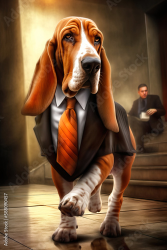 Painterly portrait of Basset Hound Dog wearing a coat and tie suit with a human man in the background, AI Generated (ID: 588090457)