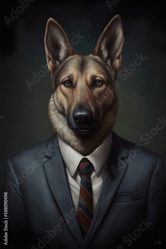 Painterly portrait of German Shepherd Dog wearing a coat and tie suit, AI Generated (ID: 588090498)