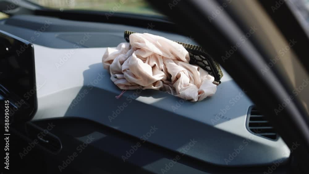 Car after an accident. Safety device in the car. Driver's airbag
