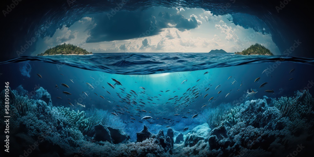 Bottom of the ocean. Deep blue sea in fantasy theme, Generative AI.