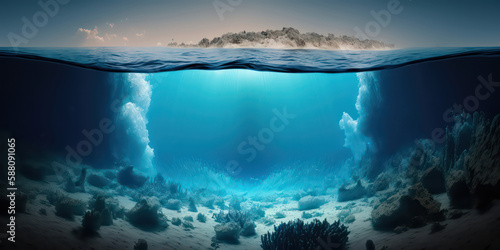 Bottom of the ocean. Deep blue sea in fantasy theme, Generative AI. © SaraY Studio 