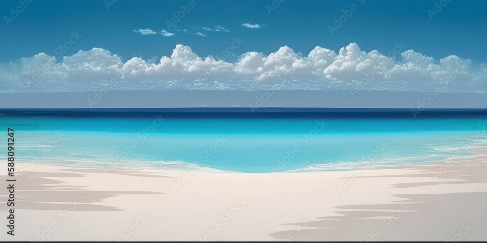 White sand with blue sea, Beautiful seashore. Blue sky with clear blue sea view. Generative AI.