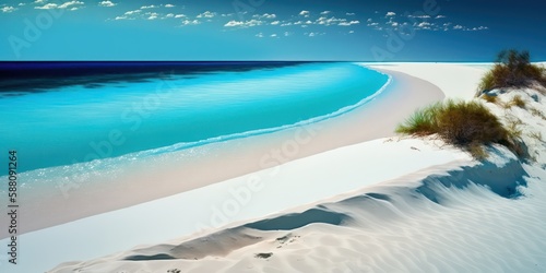 White sand with blue sea, Beautiful seashore. Blue sky with clear blue sea view. Generative AI. © SaraY Studio 
