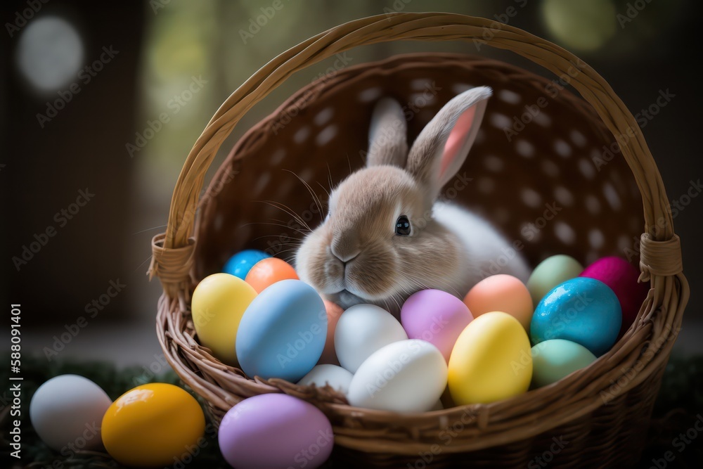 Colourful of easter egg in basket with cute bunny rabbit. Festival of easter. Rabbit in basket with blur effect wallpaper background. Generative AI.
