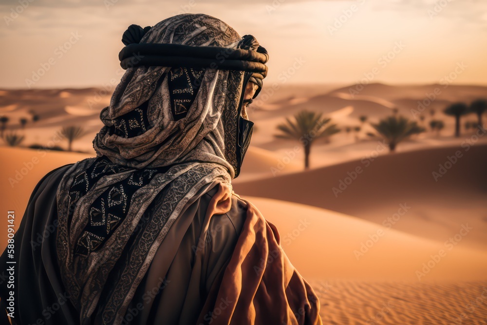 Arab man looking at the desert. Rich man,Arab person. Generative AI. - obrazy, fototapety, plakaty 