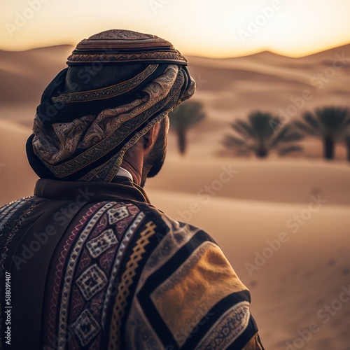 Arab man looking at the desert. Rich man,Arab person. Generative AI. photo