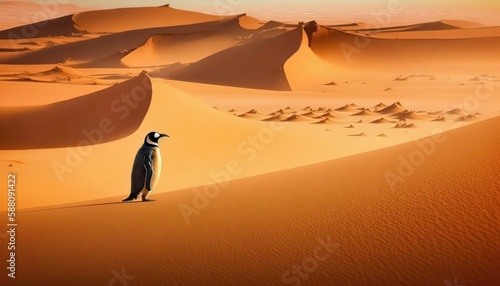 Penguin in sahara desert. Global warming concept. Penguin in hot desert theme. Generative AI.