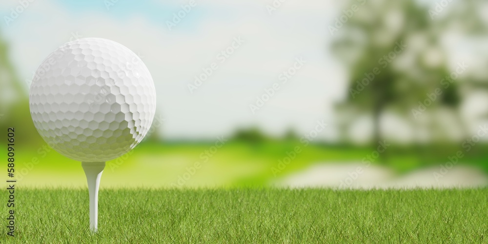 White golf ball on white golf tee close up with golf course fairway background with copy space, golf sports or activity concept