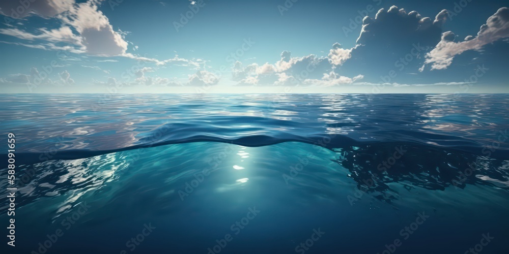 Water surface of the sea in cinematic style with 
 blue sky and cloudy view. Generative AI.