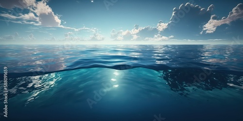 Water surface of the sea in cinematic style with blue sky and cloudy view. Generative AI.