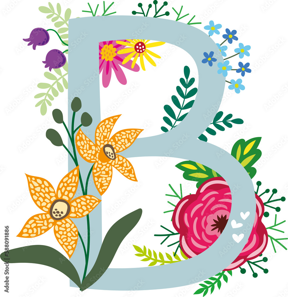 FLORAL ALPHABET, BOTANICAL MONOGRAM, LETTERS WITH ABSTRACT AND COLORFUL FLOWERS, LEAVES AND HEARTS