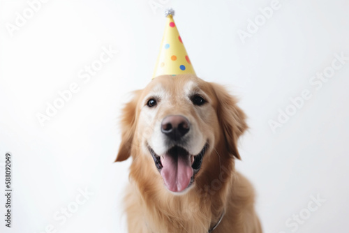 A dog wearing a birthday cap. Generative AI. © Taha