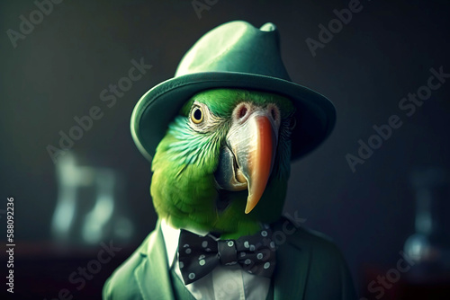 Mr green parrot gentleman in boss hat and scientist. AI generated. photo