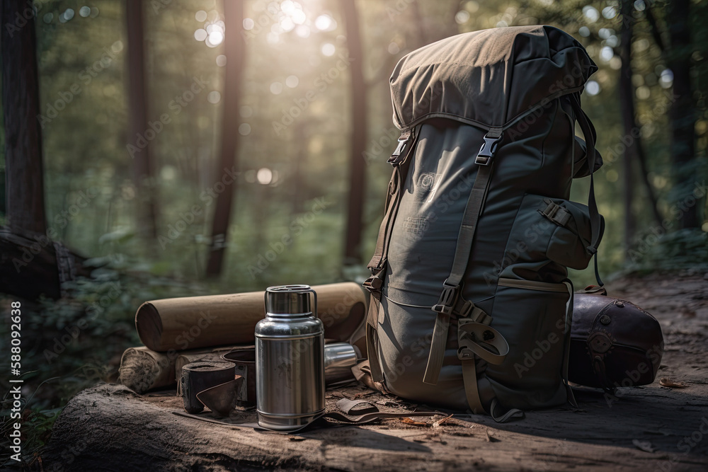 Hiking backpack and thermos on a log in the forest. Generative AI