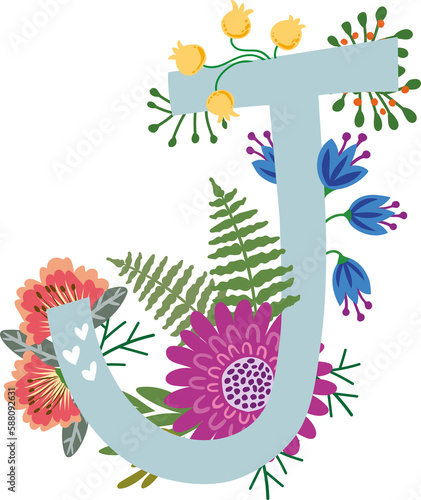 FLORAL ALPHABET  BOTANICAL MONOGRAM  LETTERS WITH ABSTRACT AND COLORFUL FLOWERS  LEAVES AND HEARTS