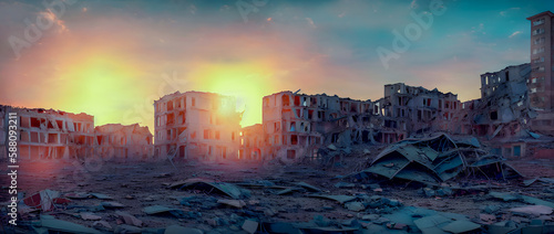Multi-storey buildings of a European city destroyed as a result of a nuclear missile strike of an atomic bomb, fragments of cars covered with radioactive ash. Generative AI, Generative, AI