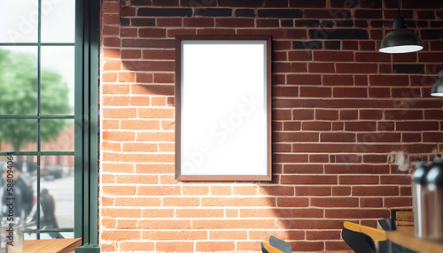 Restaurant with brick walls, large windows and vertical poster on the wall. Concept of tasty food. AI Generated
