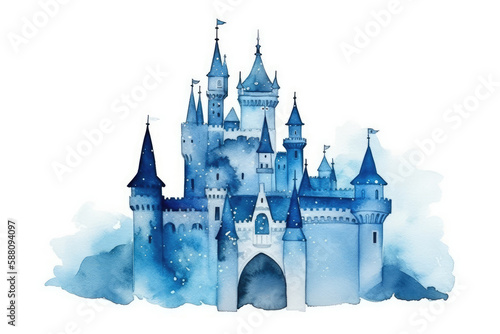 Fototapeta Blue fairy tale castle watercolor painting illustration