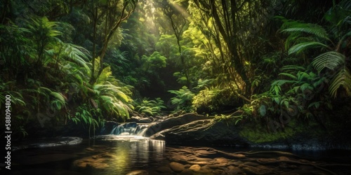 deep rainforest waterfall, generative ai