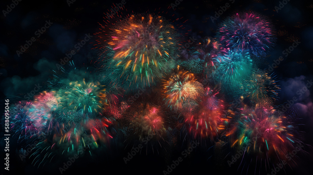 Colorful Starburst And Fireworks In The Sky At Night, Generative Ai