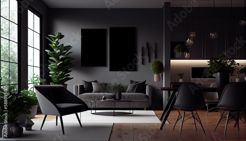Modern living room interior composition with armchair  mock up poster frame  plant. AI Generated