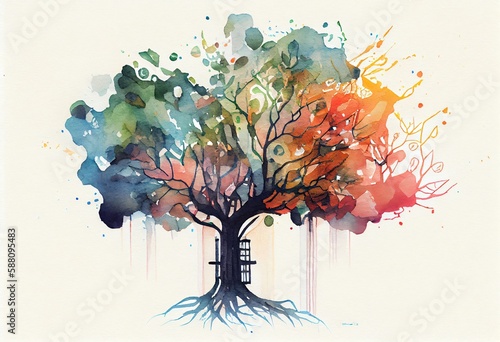 Watercolor Illustration of a Tech Tree, Abstract Data Technology And Data Science Illustration. Generative AI