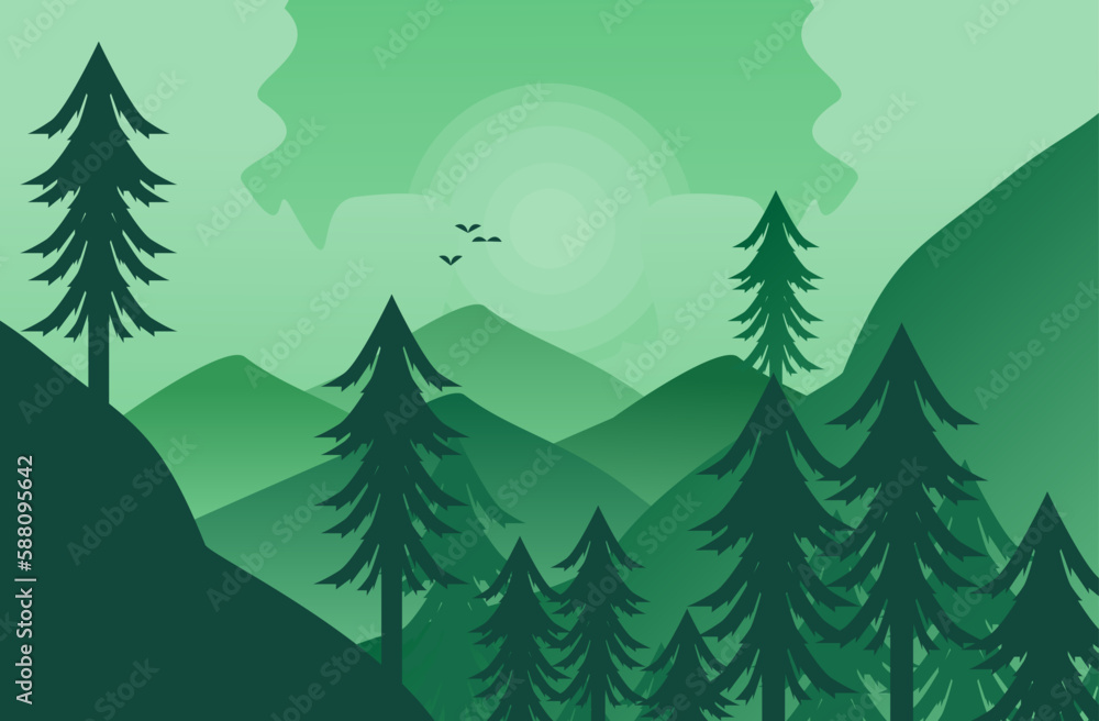 vector flat landscape illustration of mountains with forest and flying birds vector flat landscape illustration of mountains with forest and flying birds