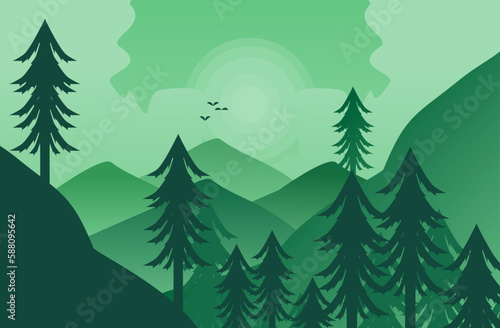 vector flat landscape illustration of mountains with forest and flying birds