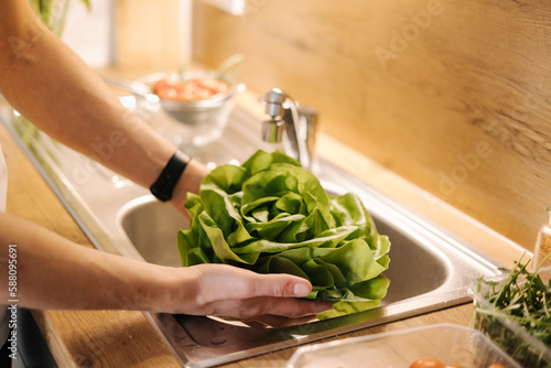 Man washing organic green salad Romano in kitchen. Lettuce leaves with water drops