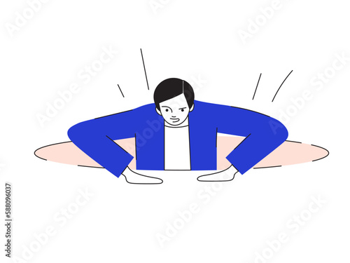 Man is getting out of debt. Businessman getting out of a difficult situation. Solving work problems. Debt hole. Survival after a business collapse. Financial crisis concept. Person recovers from crash
