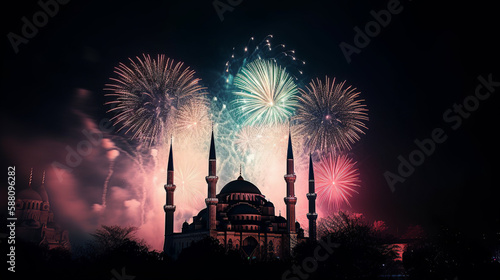 Panorama Detaild Illustration of Starburst And Fireworks On City Mosque, Generative Ai