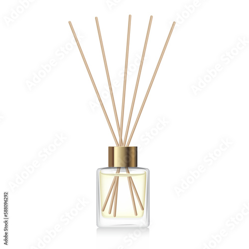 Transparent reed diffuser bottle mockup. Home fragrance with yellow liquid perfume. Cube aromatic diffuser with golden cap. 3D vector illustration
