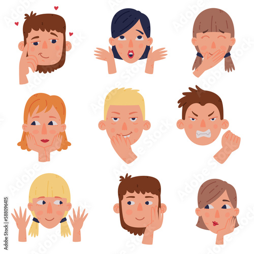 Man and Woman Head with Face Emotion and Hand Gesture Vector Set