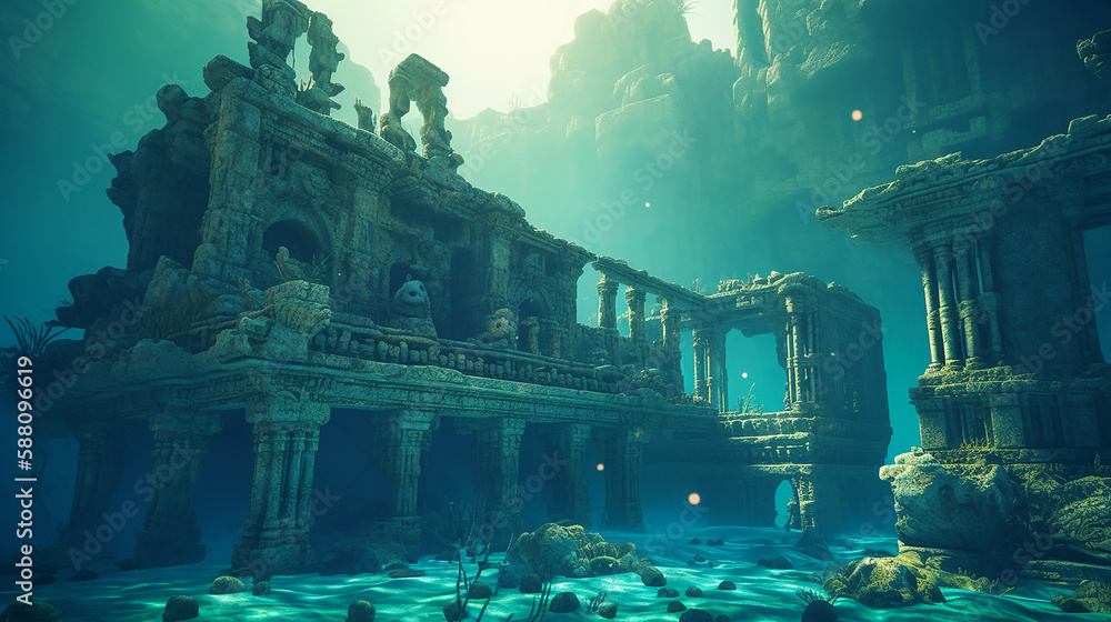 Mysterious Underwater Ruins, Lost Atlantis Sunken City, Ocean Exploration. Generative AI.