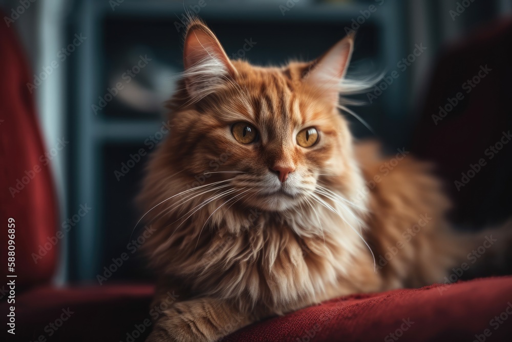 beautiful long-haired cat sitting on a vibrant red chair. Generative AI beautiful long-haired cat sitting on a vibrant red chair. Generative AI