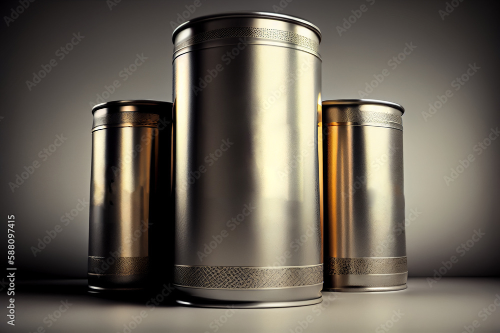 Closed tin cans isolated on dark, mockup for design, AI Generated Closed tin cans isolated on dark, mockup for design, AI Generated