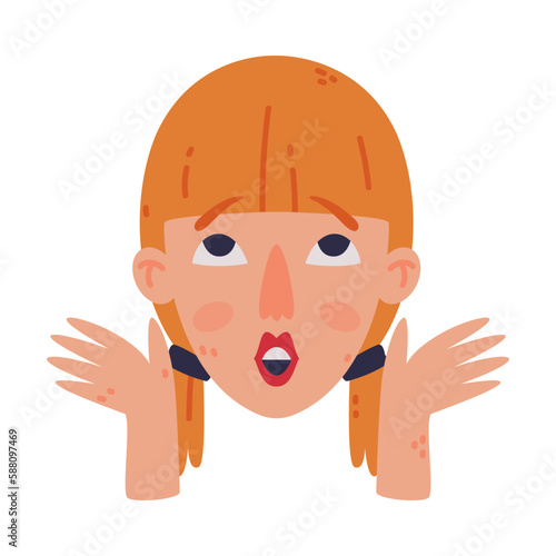 Woman Head and Face with Emotion and Hand Gesture Vector Illustration