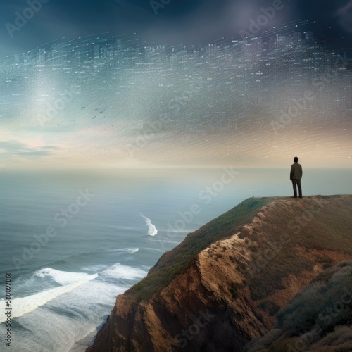 Abstract Digital Data Ocean with Person Overlooking - Generative AI Concept Art