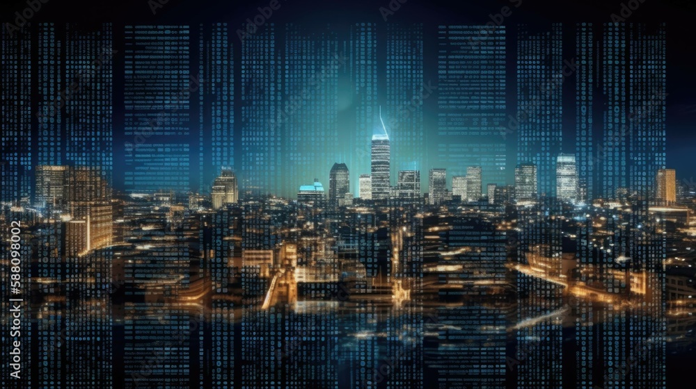 Data City: A Binary Code Background with a Futuristic Cityscape. Generative Ai