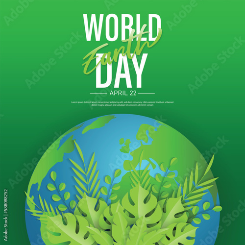 Earth Day poster template design with green leaves and globe on multicolor background.