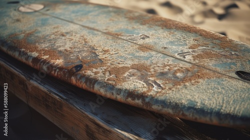 The Surfer's Journey: A Detailed Close-up of a Well-Traveled Surfboard's Texture and Design, AI Generative
