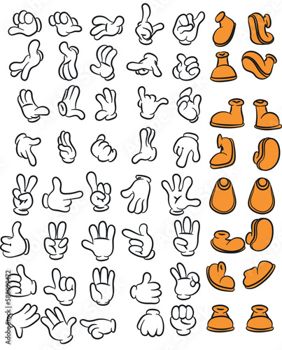 Cartoon legs and hands. leg in boots and gloved hand comic feet in shoes. 