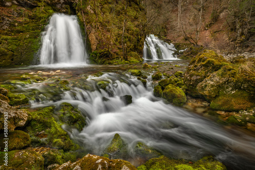 Bohinj Bistrica waterfall and spring in north fresh Slovenia in nice forest