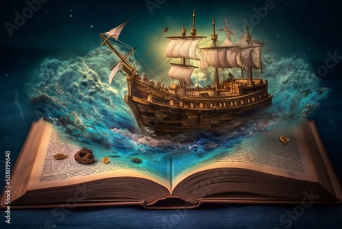 Magical book with pirate ship and ocean wave. Fantasy concept art. Generative ai