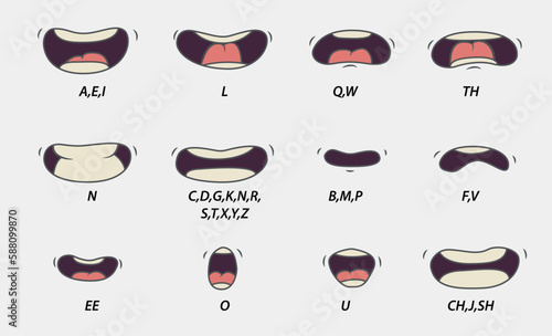 Lip sync character mouth animation.Mouth animation set. Lip sync, speaking mouth of cartoon character pronouncing sounds. Flat vector illustration for speaking articulation, English language studying 