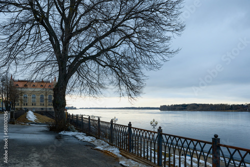 Embankment of Rybinsk with a view of the Volga and a beautiful tree near the museum building. Spring walk along the embankment. © Lexis_Jan