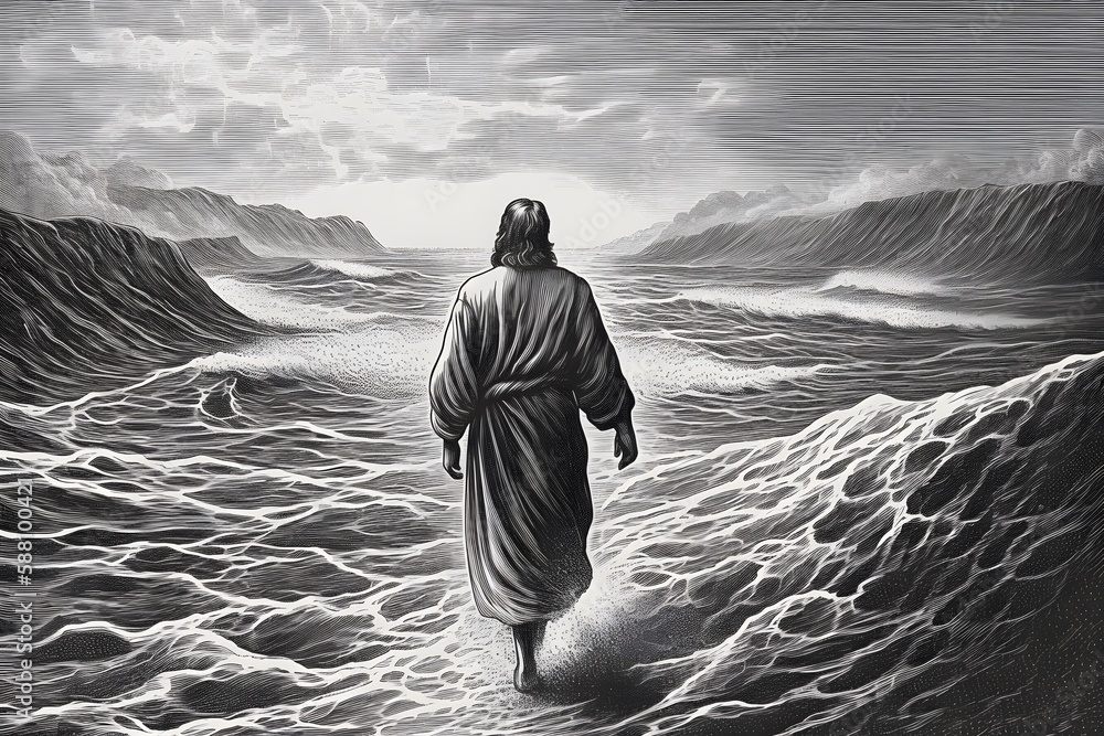 Engraving style. Jesus Christ walking on water on the sea of Galilee ...