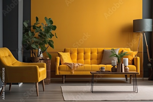 cozy living room with a yellow couch and matching chairs. Generative AI © AkuAku