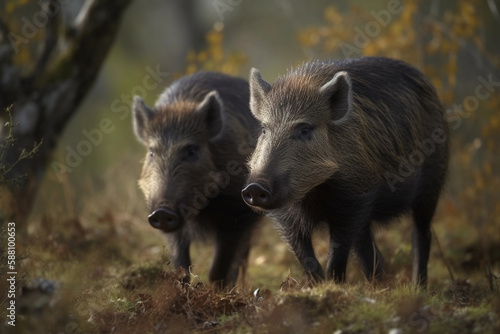 Close up of two wild boars